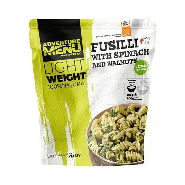 Lightweight Big Fusilli with spinach and walnuts