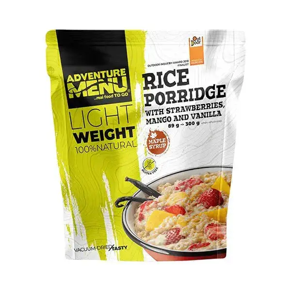 Lightweight rice porridge with strawberry, mango, and vanilla